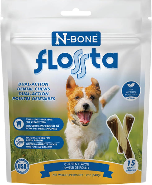 N-Bone FLOSSta Dual Action Dental Chews, Chicken Flavor, 12-oz Bag