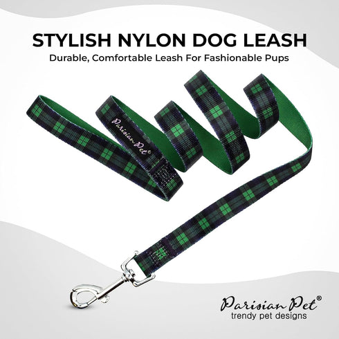Parisian Pet Dog Leash - 4Ft Heavy Duty Scottish Green Plaid Print Nylon Doggie Walking Leash for Small and Medium Dogs