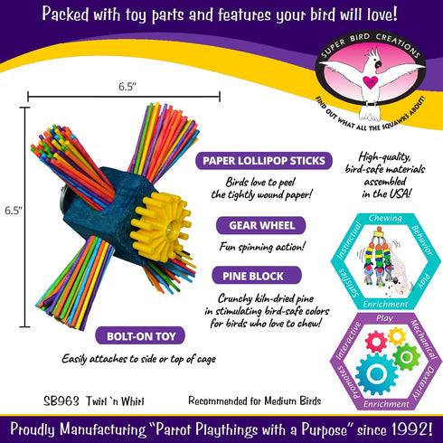 SB963 6.5"x4" Super Bird Creations Twirl N' Whirl Bird Toy - Handcrafted Wooden Bird Stuff with Lollipop Sticks