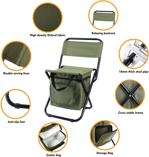 12.2" Depth,12.6" LEADALLWAY Fishing Chair with Cooler Bag Compact Fishing Stool Foldable Small Hunting Chair Seat Seat