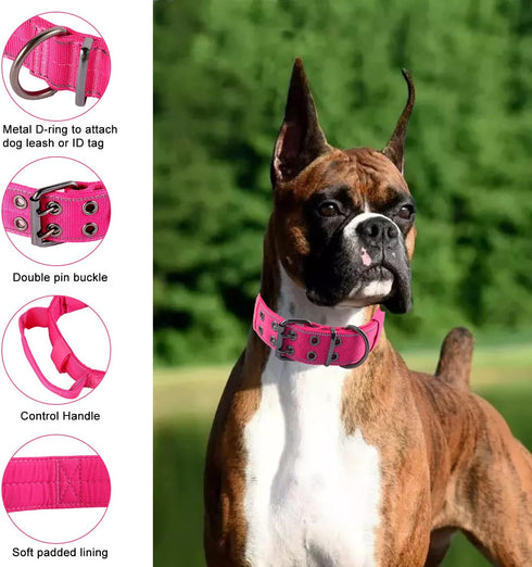 Reflective Dog Collar, Heavy Duty Tactical with Control Handle and Metal Buckle for Dog Training (M, Pink)