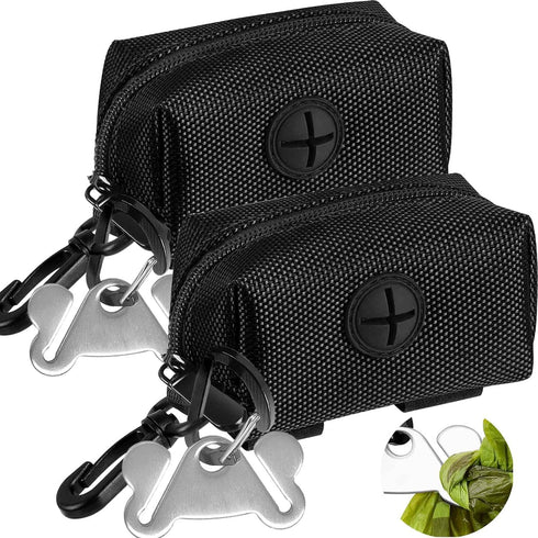 Dog Waste Bag Dispenser, Soft Fabric Zipper Holder for Doggie Waste Bags, 2PCS Black Pouch for Leash Accessory