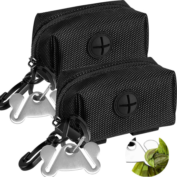 Dog Waste Bag Dispenser, Soft Fabric Zipper Holder for Doggie Waste Bags, 2PCS Black Pouch for Leash Accessory