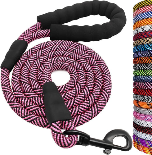 MayPaw Heavy Duty Rope Dog Leash, 3/4/5/6/7/8/10/12/15 FT Nylon Pet Leash, Soft Padded Handle, Pink Black