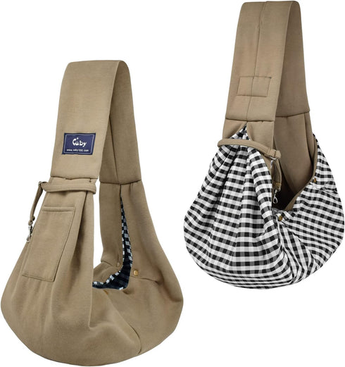 CUBY Dog and Cat Sling Carrier, Hands-Free Reversible Pet Papoose Bag for Puppy, Small Dogs Cats (Khaki, Unadjustable