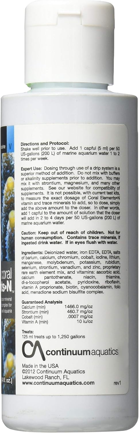 Continuum Aquatics Coral Elements N - Vitamin & Trace Mineral Nutrient Supplement for Coloration of Live Corals & Reef Aquarium, 125-ml