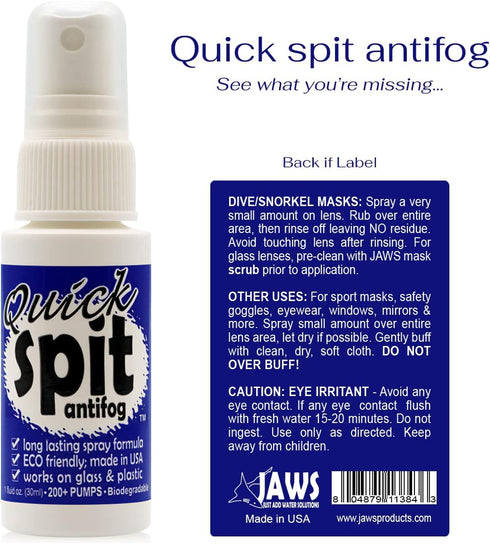 Jaws Quick Spit Anti-Fog Spray for Swim Goggles, Snorkel Mask, Eye Glasses, Scuba Divers, Safety Eyewear, Made in The