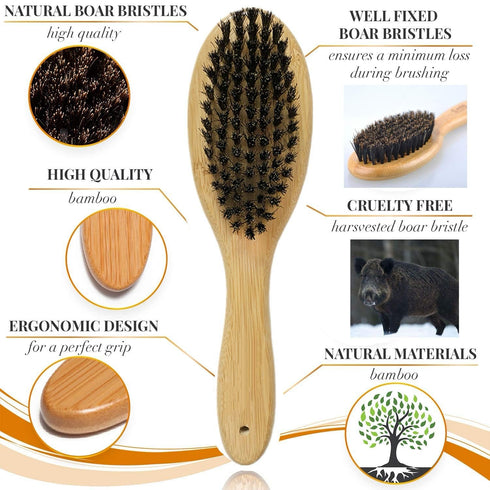 Patina Dog Cat Brush for Shedding, Natural Bamboo Boar Bristles, Pet Grooming Supplies for Dogs Cats