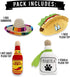 4 Pack Fiesta Dog Chew Toys and Sombrero - Mexican Squeak Plush Toys for Chihuahuas - Taco, Tequila, Hot Sauce