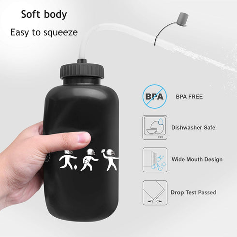 Hockey Water Bottles with Long Straw - 1 Liter 32 oz, Plastic Squeezable, Leakproof, BPA Free (Black)
