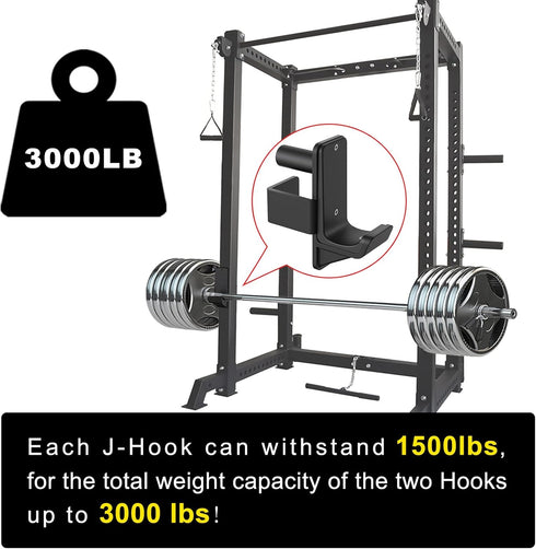 Kipika J-Hooks for 2" x 2" Power Rack, Heavy Duty Steel Hooks with Rubber Pads, Set of 2