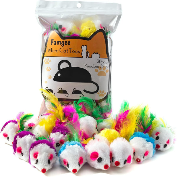 20 PCS Furry Cat Toys Squeak Mouse Rattle Mice with Feather Tails (Random Color)