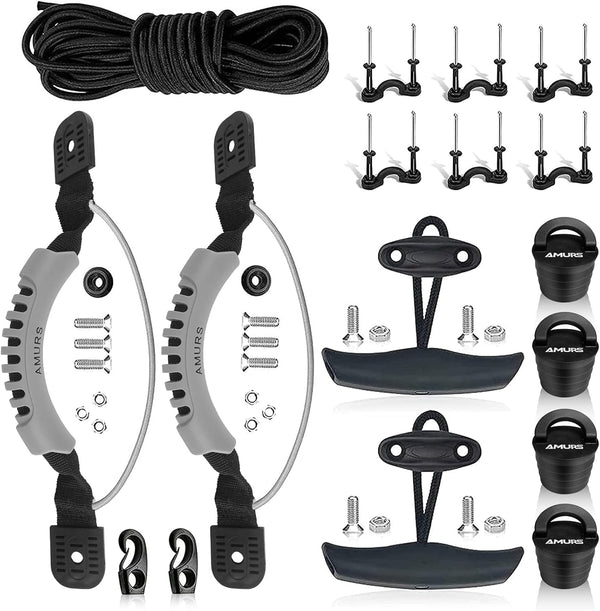 Kayak Carry Handles - Accessory Kit with T-Handle, 8 Feet Bungee Cord, Rivet Pad Eyes for Canoe