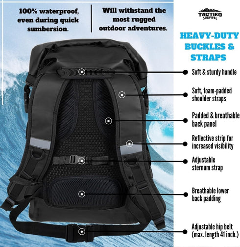 TACTIKO 30L Heavy-Duty 100% Waterproof Backpack - Marine Roll Top Floating Dry Bags for Hiking, Jet Black