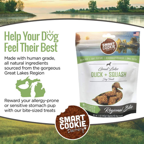 Smart Cookie All Natural Duck & Squash Dog Treats - Grain Free, Chewy, Human-Grade, 5oz Bag for Allergies