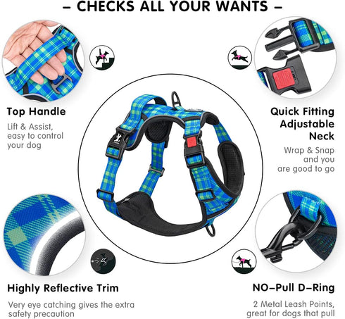 PoyPet No Pull Dog Harness, Reflective Adjustable Vest with 2 Leash Attachments, Soft Control Handle for Small Medium