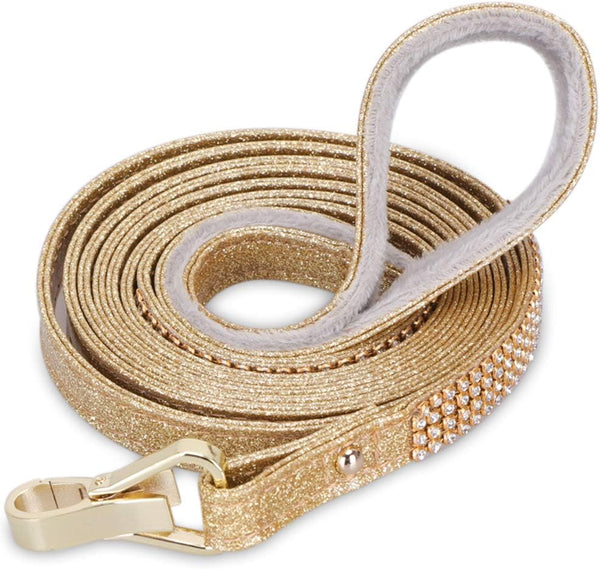 PetsHome Dog Leash with Bling Rhinestones - Premium PU Leather, Durable 5 FT Leash for Small to Medium Dogs, Gold