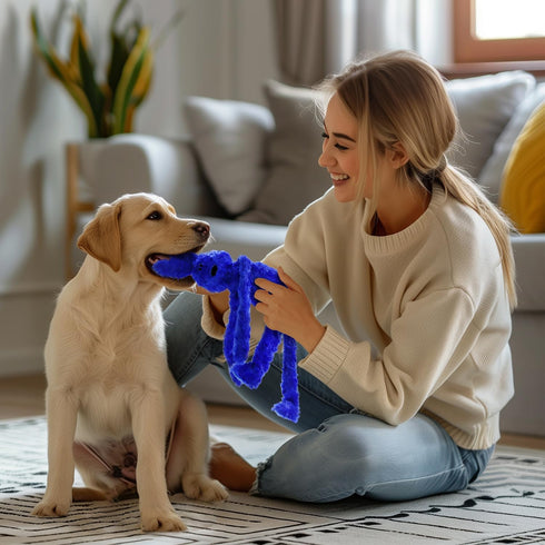 Rabbit Squeaky Dog Toys, Interactive Plush Bunny Toy with Crinkle, Enrichment for Small Medium Dogs (Blue)