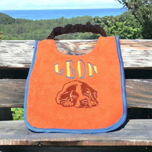 Custom Made Bib Embroidered with Dog's Name and St Bernard Dog Face - Fully Adjustable and Comfortable Washable Pet