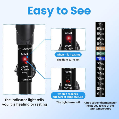 AQUANEAT 300W Aquarium Heater, Adjustable Submersible Water Thermostat with Thermometer for Fish Tanks