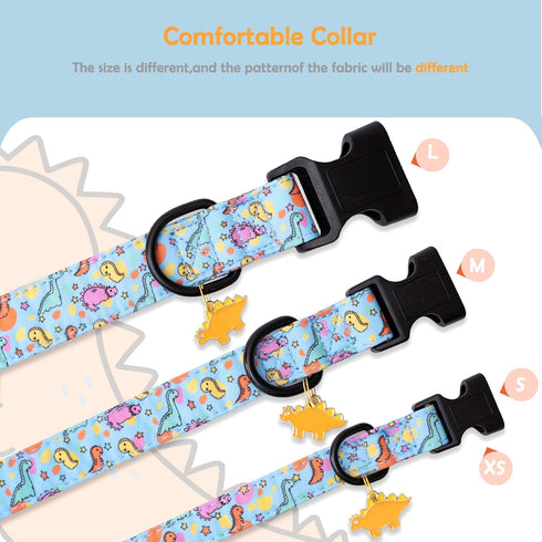 Faygarsle Dog Collar for Small Medium Large Dogs, Cute Blue Dinosaur Patterned Collars for Summer Spring