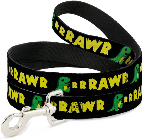 Dog Leash 4 Feet Long, 1.0 Inch Wide, Rrrawr Dinosaur Black Green Yellow