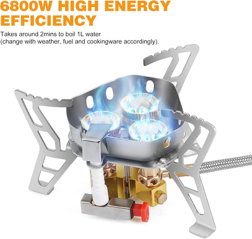 WADEO 6800W Windproof Camping Gas Stove with Piezo Ignition, 1LB Propane Tank Adapter for Outdoor Cooking and Hiking