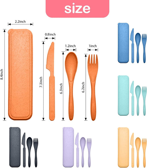 Reusable Travel Utensils Set with Case, 12 Sets Wheat Straw Portable Cutlery, Eco-Friendly BPA Free Lunch Tableware for
