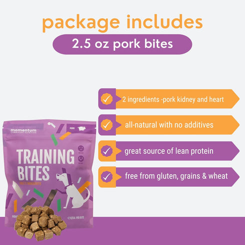 2.5 oz Momentum Carnivore Nutrition Freeze-Dried Pork Training Bites Two Ingredients-Pork Kidney and Heart, Grain-Free