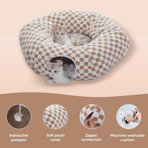 PEQULTI Cat Tunnel with Cat Bed for Indoor Cats, Cat Play Donut Tunnel with Washable Soft Plush Mat, Round Tunnel Toys