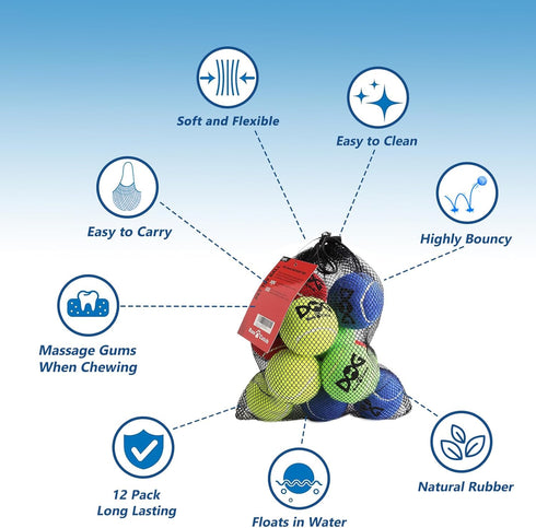 12 Pack 2.5'' INSUM Tennis Balls for Dogs - Durable Non-Toxic Outdoor Dog Toys Balls with Mesh Bag, SGS Certified