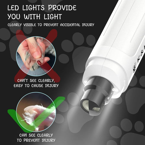 K&K Dog Nail Grinder with 2 LED Light, Professional 2-Speed Electric Nail Clipper for Large Medium Small Dogs (White)