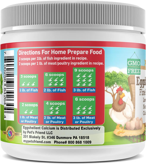 Pet's Friend Eggshellent Calcium 6 oz - Fine Eggshell Powder Calcium Supplement for Dogs and Cats, Low Phosphorous Non-Bovine Ingredients, Nourish Muscles, Joints, and Bones, Tasty Food Additive