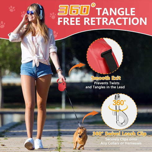 Retractable Dog Leash, 16ft Walking Leash for Small Dogs up to 77lbs, Non-Slip Handle - Red