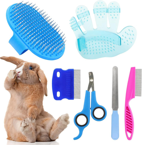 Rabbit Grooming Kit, Brush for Shedding with Bunny Nail Clipper, Trimmers with Pet Combs for Hamster Guinea Pig Ferret