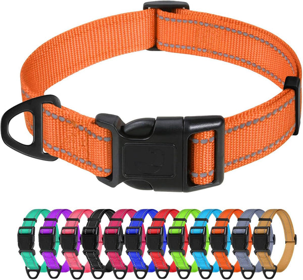 TagME Reflective Nylon Dog Collars - Adjustable Classic Pet Collar with Quick Release Buckle for Small Dogs, Orange