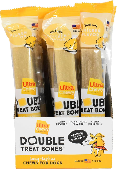 Ultra Chewy Chicken Double Treat Bones - Long-Lasting Dog Treats, 12 Count, Made in USA