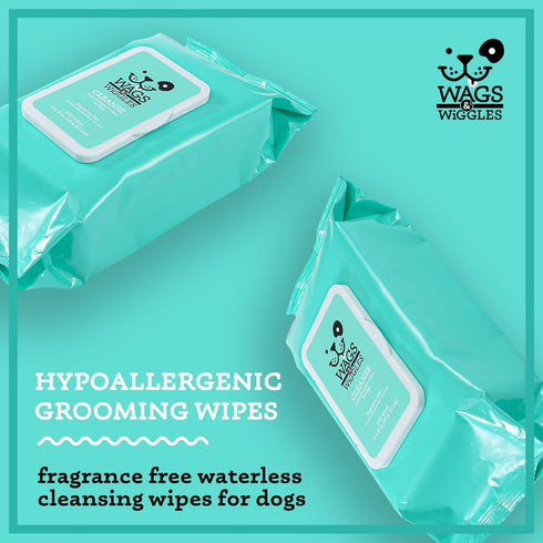 Wags & Wiggles 100 Count Hypoallergenic Dog Wipes for Sensitive Skin, Fragrance Free Waterless Cleansing Towelettes