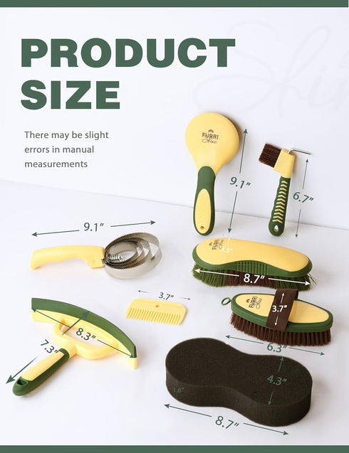 Furrishine 9 Set Horse Grooming Kit, Piece Grooming Brush with Silicone Curry Comb for Bathing & Shedding Pasture Glow