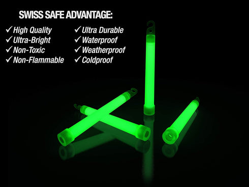 Swiss Safe Premium 6" Glow Sticks - Extra Bright, 12+ Hour Duration, Emergency Ready