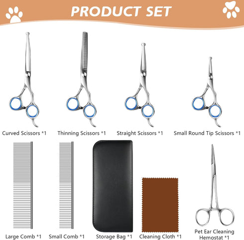 Niura Set Pet Grooming Scissors - Professional Stainless Steel Grooming Kit with Curved, Straight, Thinning, Round Tip