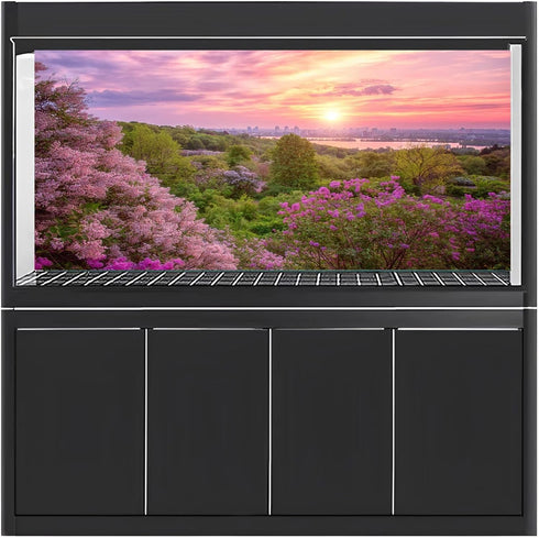 AWERT 72x24 inches Spring Cherry Blossom Terrarium Background with Pink Flower Tree Sunset for Aquariums