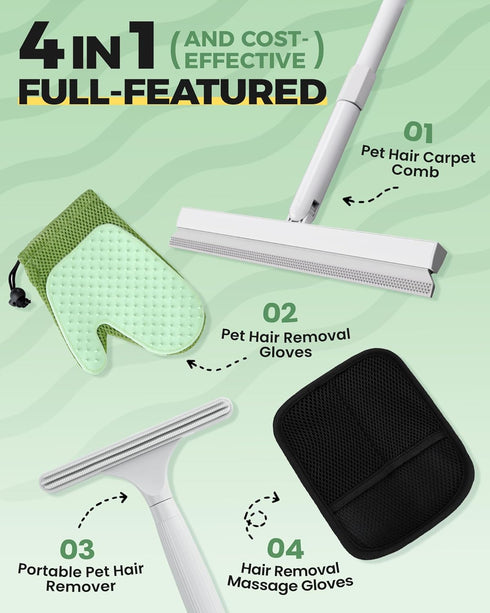 4 1 60" Carpet Rake for Pet Hair Removal Tool - in Pet Hair Remover Kit for Dog Cat Fur Remover, Contain Adjustable