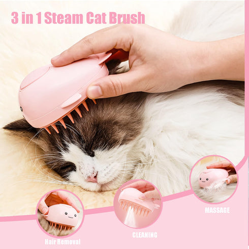 Cat Steam Brush,3 in 1 Cat Brush for Shedding,Spray Cat Brush For Pets Grooming, Portable Self Clean Cat Brush with Spary Mist for Cats Dogs Pets Hair Removal, Pink