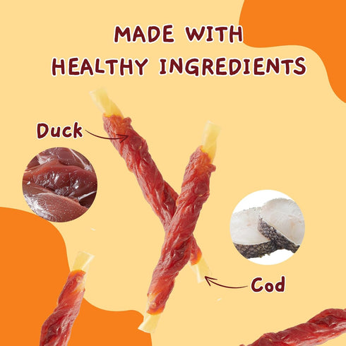 10.6oz Jungle Calling Duck Wrapped Cod Sticks Dog Treats, Rawhide Free Training Rewards Snacks for Dogs, Natural Chewy