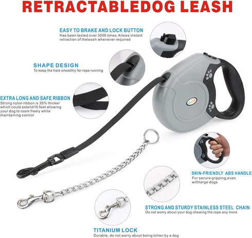 Idepet Heavy Duty Retractable Dog Leash, 16ft, Anti-Chewing Steel Chain, 360 Degree Tangle-Free, Grey, Flat Rope