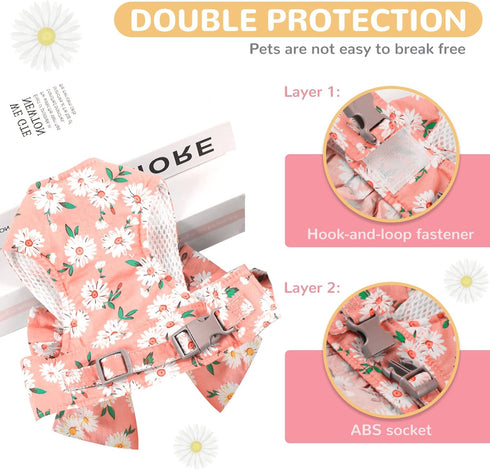 Dog Harness and Leash Set with Bow Knot, No Pull Pet Daisy Floral Harness with D-Ring Soft Mesh Vest for Small Girl