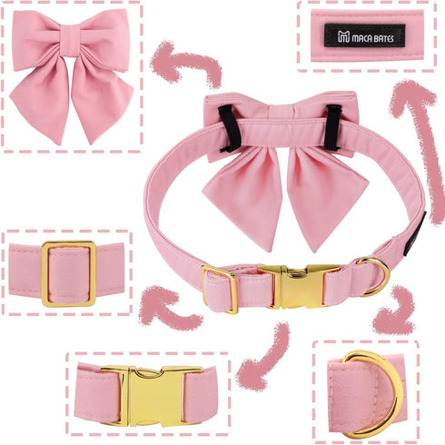 Maca Bates Dog Collar with Pink Bow Bowtie for Dogs Solid Colors Sailor Bow Tie Adjustable Breakaway Girly Cherry Collars Birthday Gift for Small Medium Large XL Girl Female Boy Male Puppy Pet