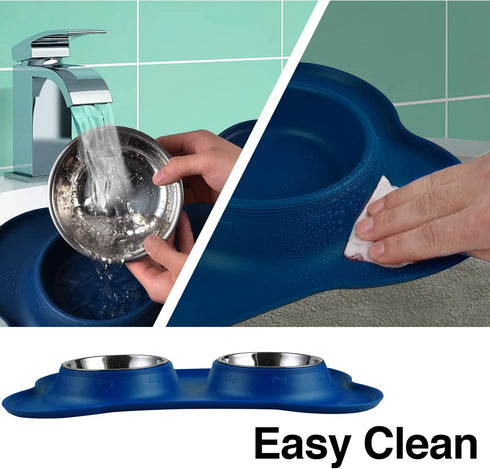 Dog Bowls, 2 Stainless Steel Bowls for Pet Water and Food, Non Spill Skid Resistant Silicone Mat