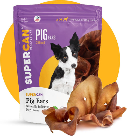 SUPER CAN BULLYSTICKS Pig Ears for Dogs (20 Count) | All Natural Healthy Dog Treats | Natural Chews Alternative to
